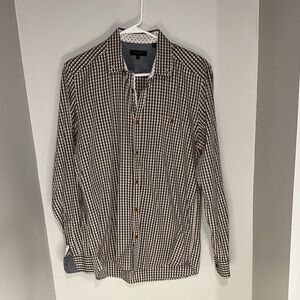 Ted Baker London Brown, Black, and White Floral Checkered Shirt. Size 4.